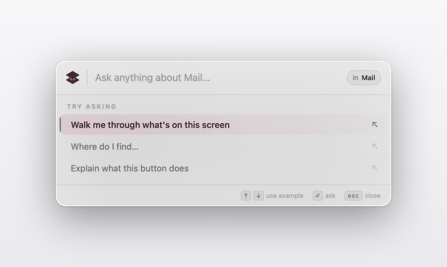 The Lectere pop-up — a Spotlight-style command palette reading the current app